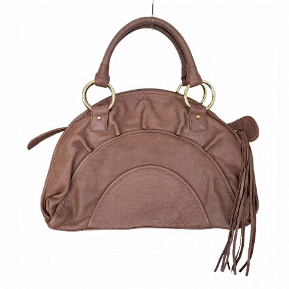 Bulga Beige Leather Large Boho Handbag Fringed & Studded Details